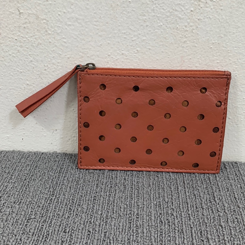 Genuine Leather Wallet Womens Small Skinny Reddish Brown Circle Cutouts Clutch
